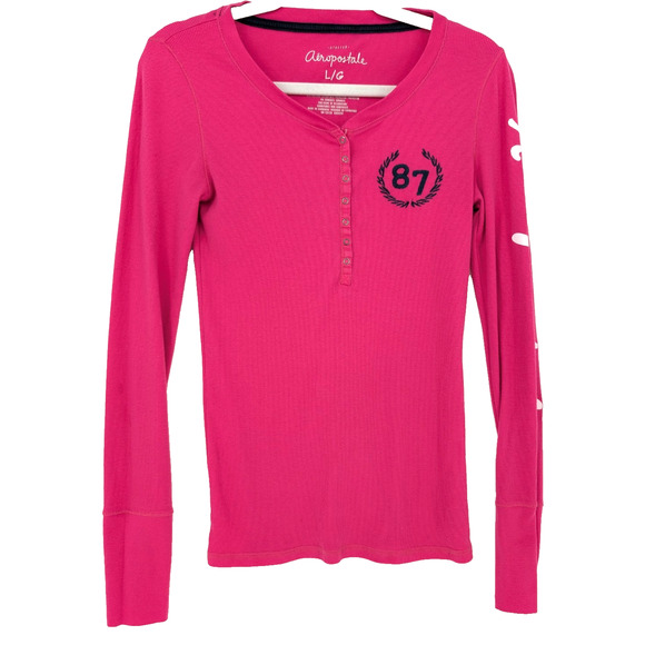 VTG Y2K Aeropostale Pink Ribbed Logo Spell Out Long Sleeve Preppy Henley Large - Picture 1 of 7
